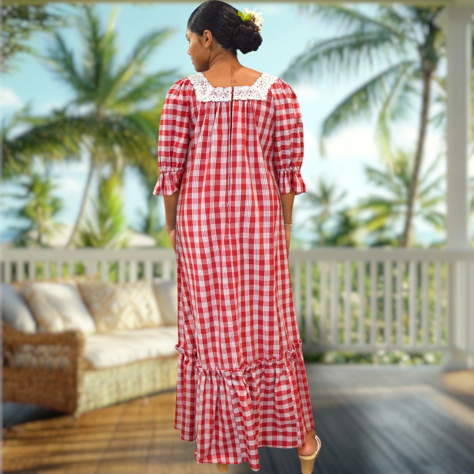 Red Palaka Half Sleeve Muumuu Lace Trim