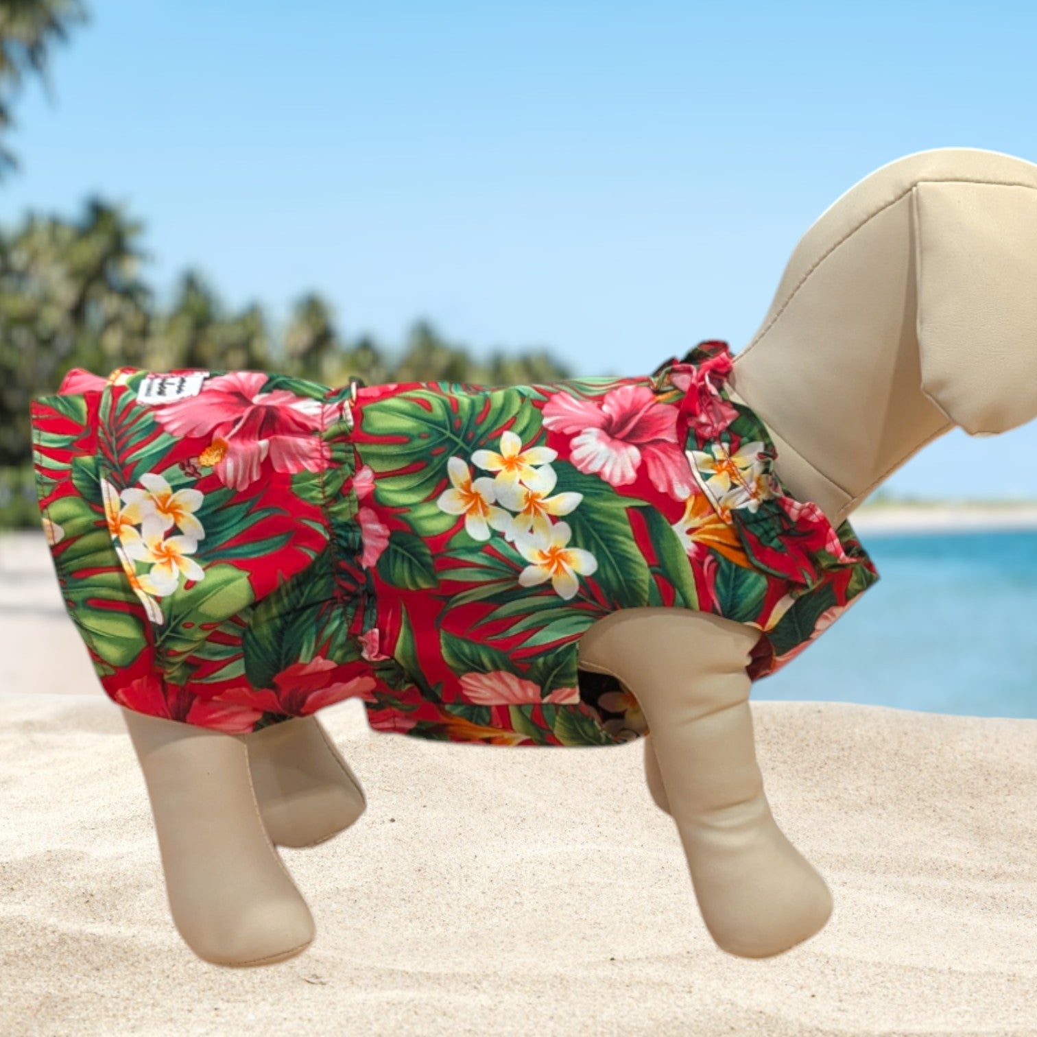 Red Plumeria Hibiscus Hawaiian Dog Dress