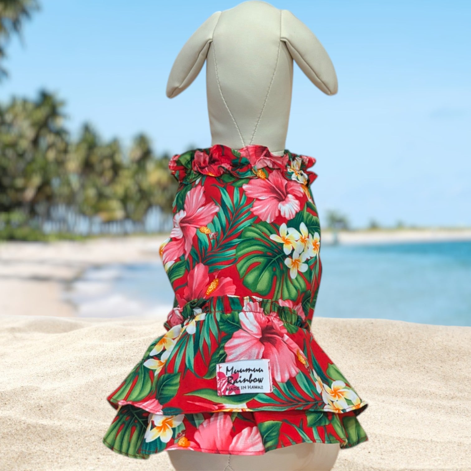 Red Plumeria Hibiscus Hawaiian Dog Dress