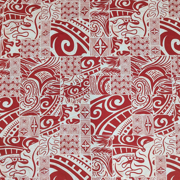 Red Polynesian Patchwork Hawaiian Fabric – Tribal Island Print Cotton