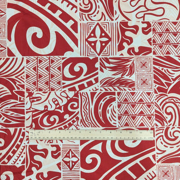 Red Polynesian Patchwork Hawaiian Fabric – Tribal Island Print Cotton - 0