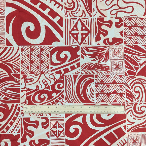 Red Polynesian Patchwork Hawaiian Fabric – Tribal Island Print Cotton