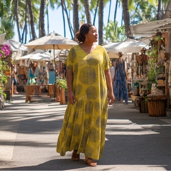 Women’s Relaxed V-Neck Rayon Dress with Ruffle Sleeves in the Loulu Palm Leaf – PK Original Print