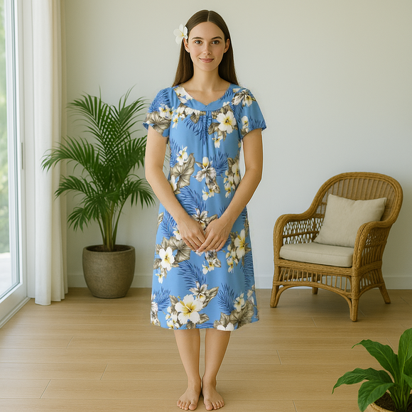 Relaxed Hibiscus Light Blue Muumuu Dress