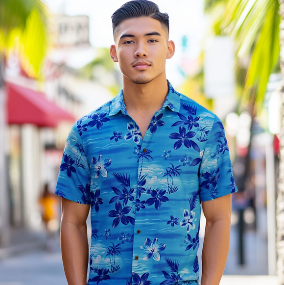 Retro Hawaiian Blue Aloha Shirt  Blue