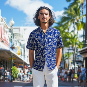 Retro Hawaiian Motif Aloha Shirt Navy