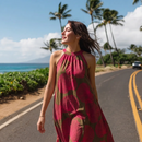 Elegant Round Neck Halter Sleeveless Summer Dress in the Loulu Palm Leaf Print-7