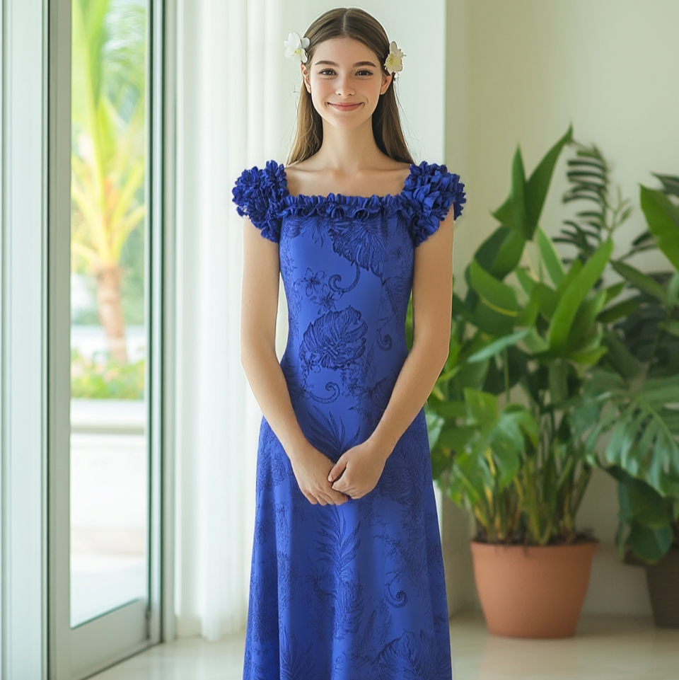 Royal Blue on Blue Hawaiian Print Dress Palem Leaf