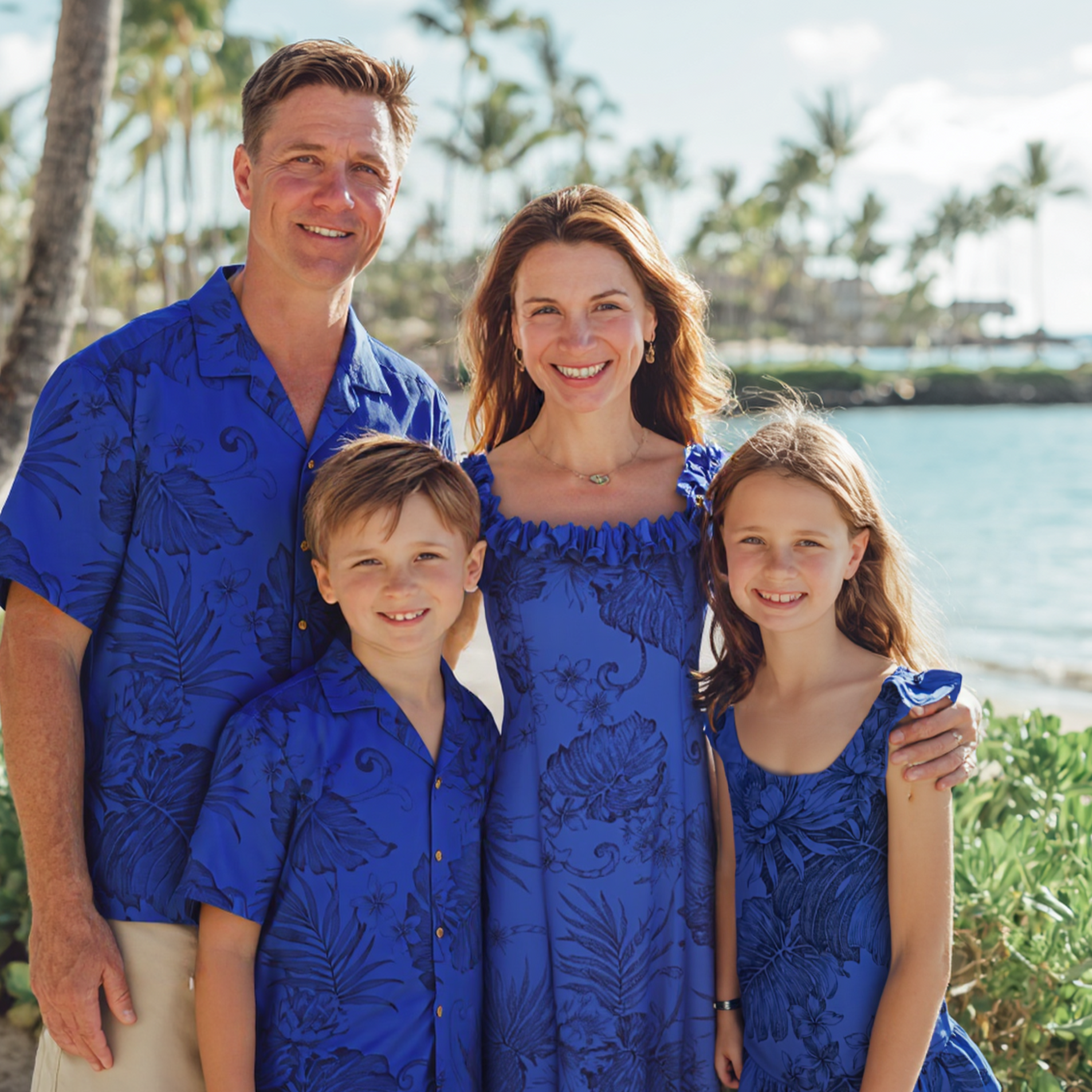 Royal Blue Tropical Leaf Family Matching Outfits – Shirts & Dresses