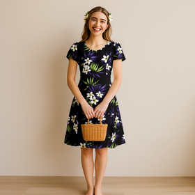 Short Sleeve Flare Hawaiian Long Dress, Black