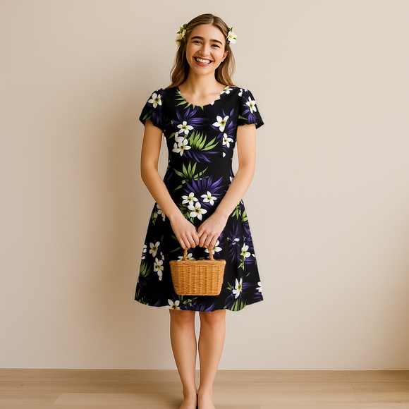 Short Sleeve Flare Hawaiian Long Dress, Black