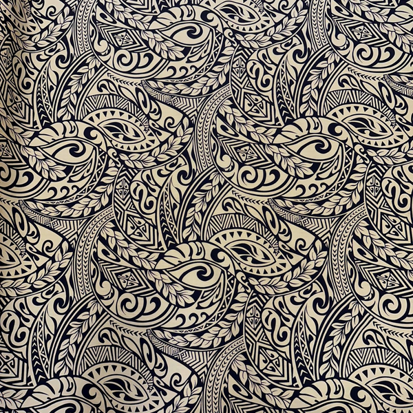 Polynesian Tribal Tapa Print Fabric / Cream and Black