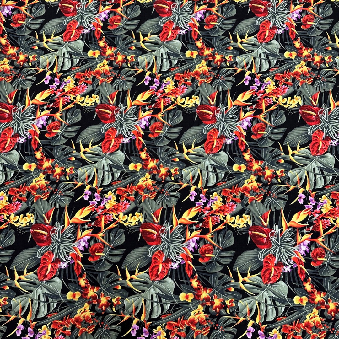 Tropical Leaf & Floral Print Gift Wrapping Fabric / Furoshiki - Black Background -1223FB-BL5