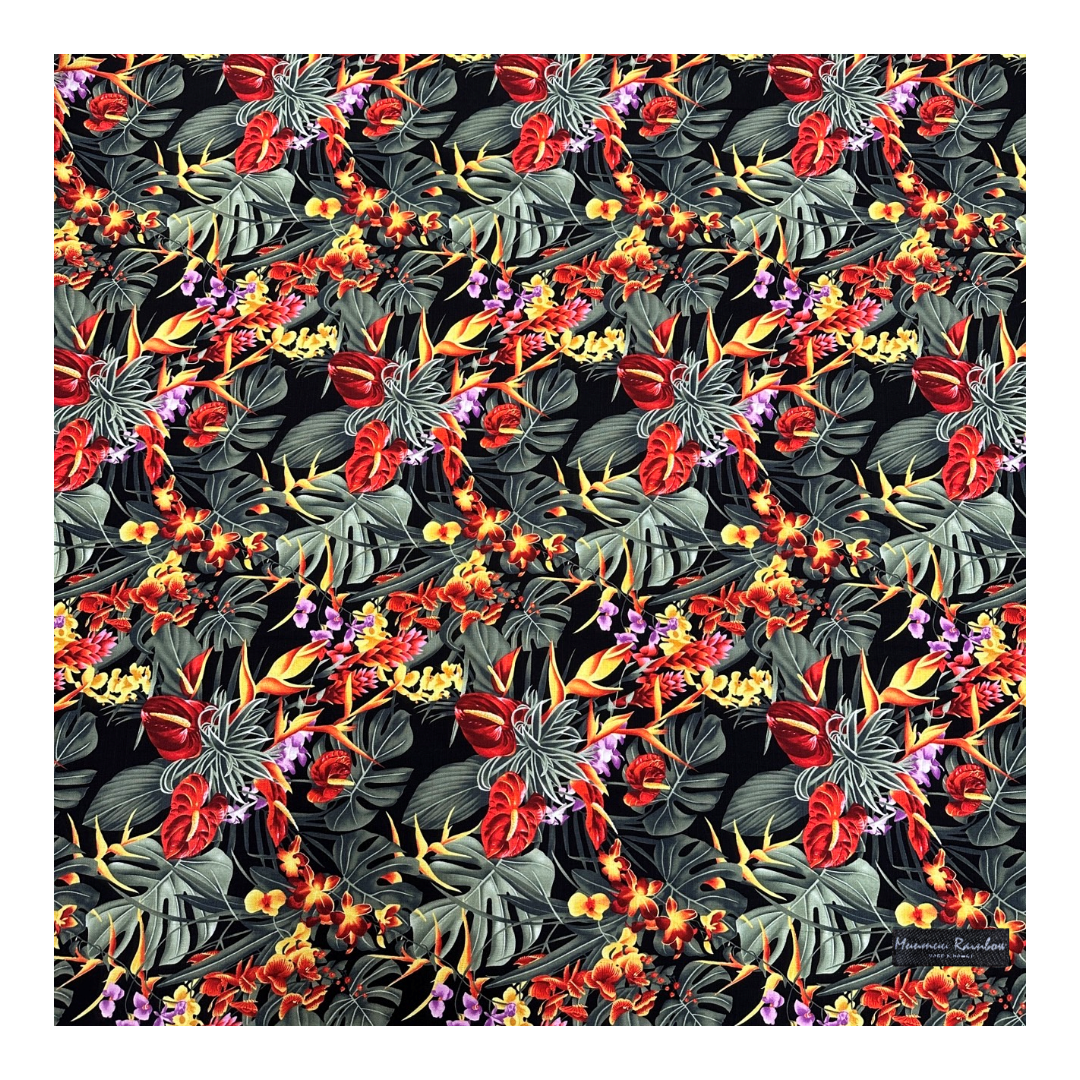 Tropical Leaf & Floral Print Gift Wrapping Fabric / Furoshiki - Black Background -1223FB-BL5 - 0