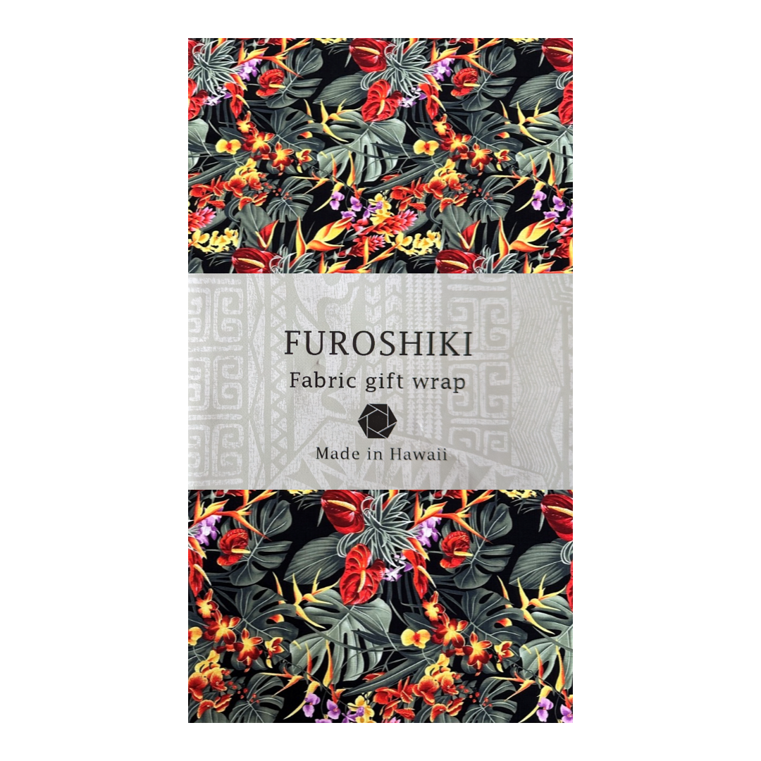 Tropical Leaf & Floral Print Gift Wrapping Fabric / Furoshiki - Black Background -1223FB-BL5