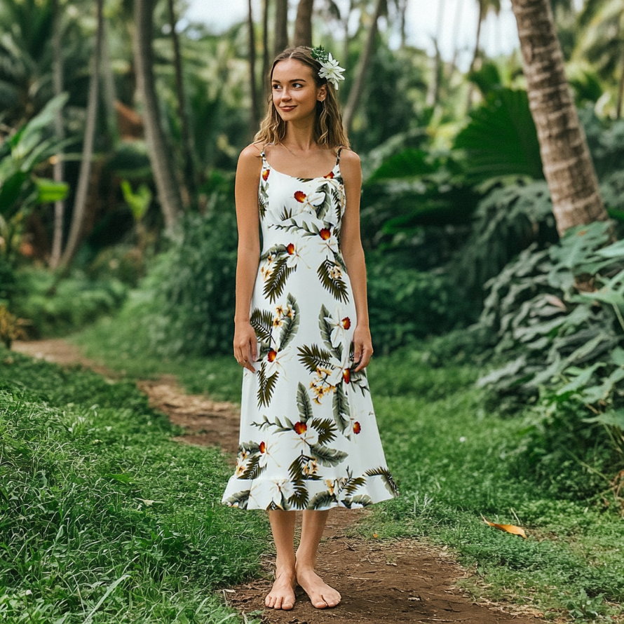 Orchid and Fern Print Spaghetti Strap Summer Floral Print Dress | White and red S / White Orchid and Fern Print Spaghetti Strap Summer Floral Print Dress | White and red S / White