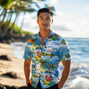 Surfing Wave and Ukulele Fun Print Aloha Shirt-Blue