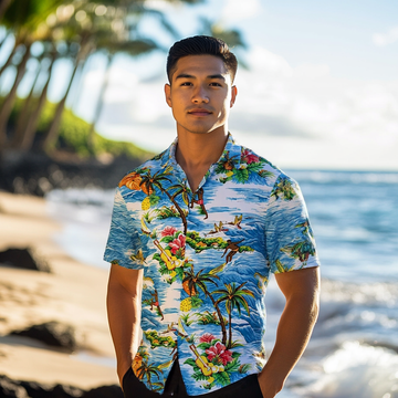Surfing Wave and Ukulele Fun Print Aloha Shirt-Blue
