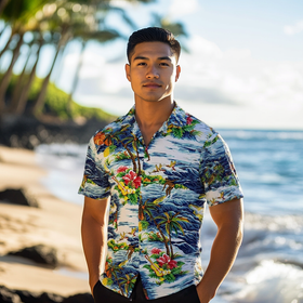Surfing Wave Ukulel Aloha Shirt-Navy