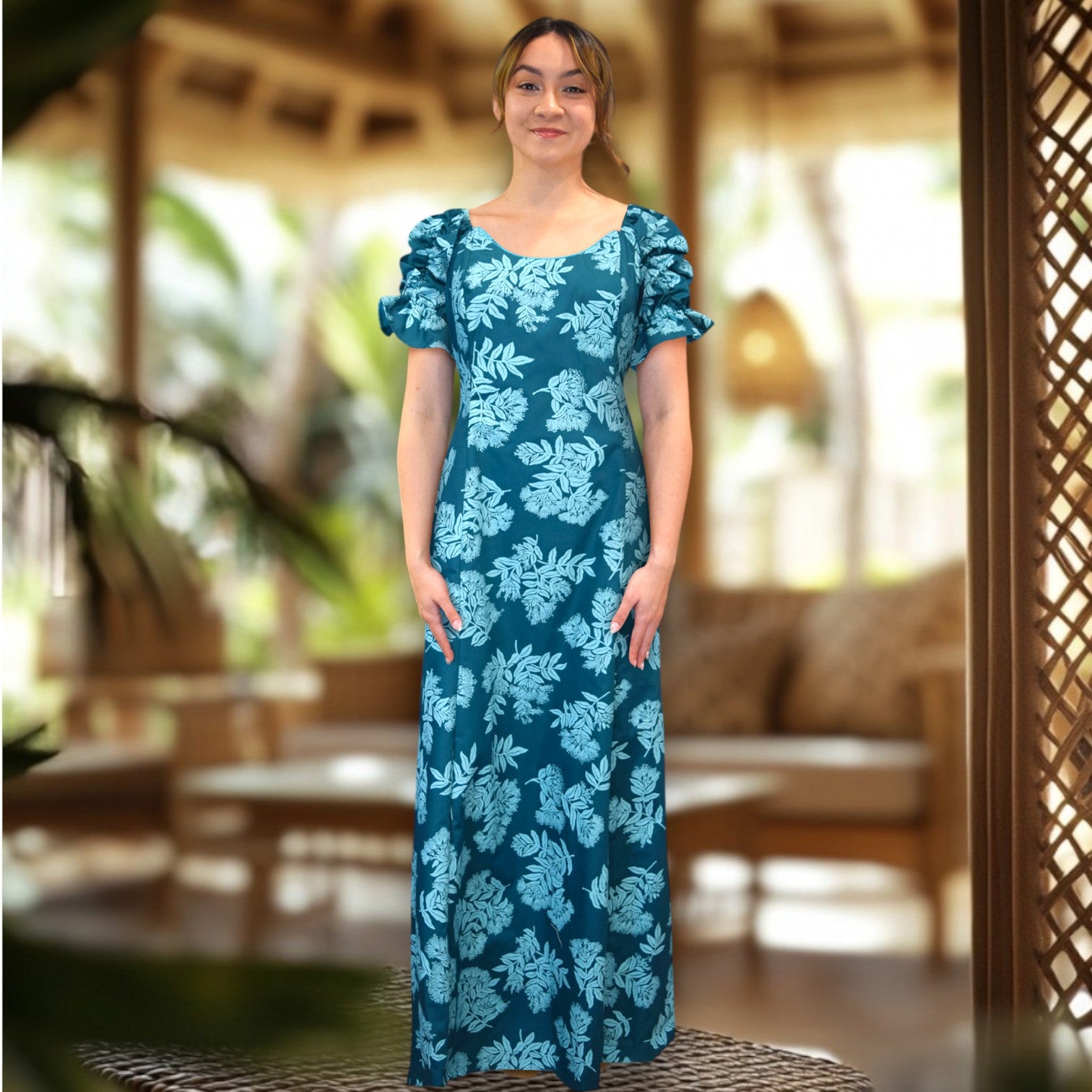 Hawaiian Muumuu Long Flare Dress Green