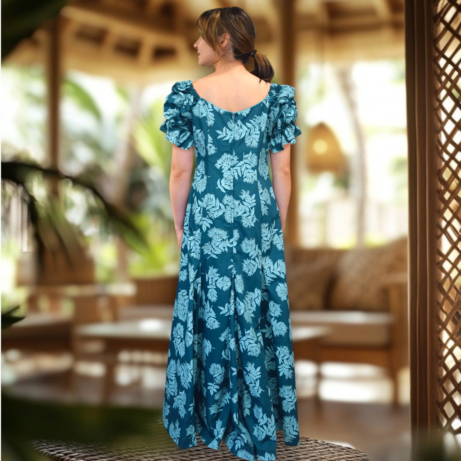 Hawaiian Muumuu Long Flare Dress Green
