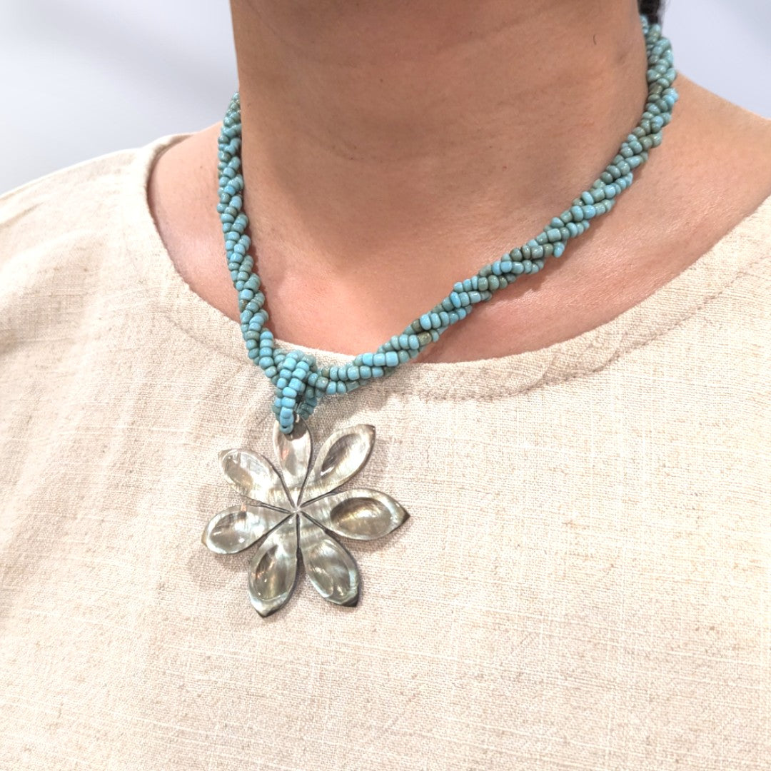 Tiare-flower-Shell-Beach-Necklace-blue-grey