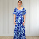 Blue Hawaiian Lei Leaf Long Flare Dress