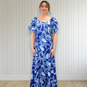 Blue Hawaiian Lei Leaf Long Flare Dress