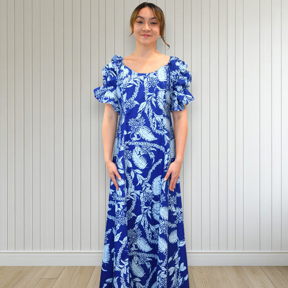 Blue Hawaiian Lei Leaf Long Flare Dress
