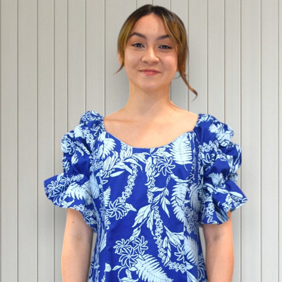 Blue Hawaiian Lei Leaf Long Flare Dress