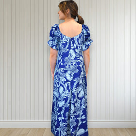 Blue Hawaiian Lei Leaf Long Flare Dress