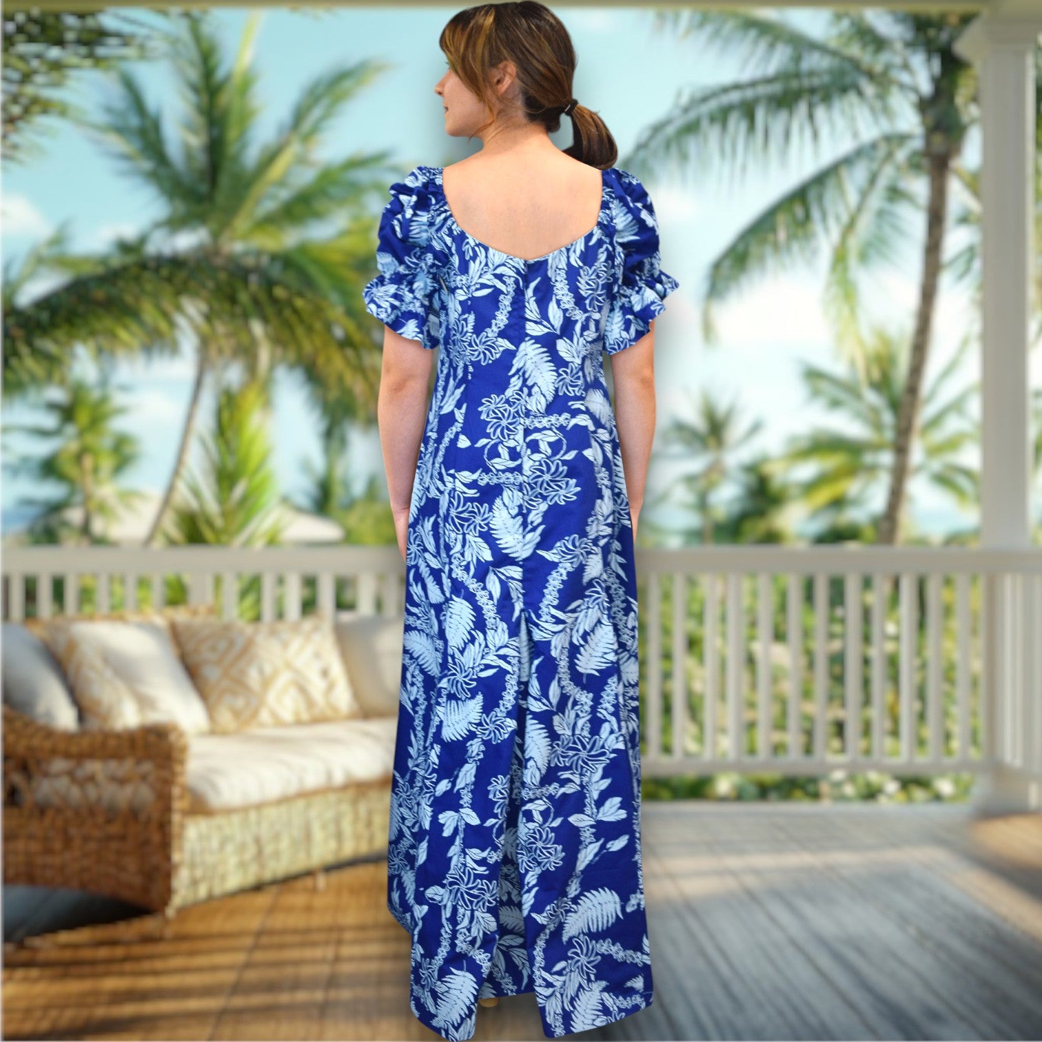 Blue Hawaiian Lei Leaf Long Flare Dress