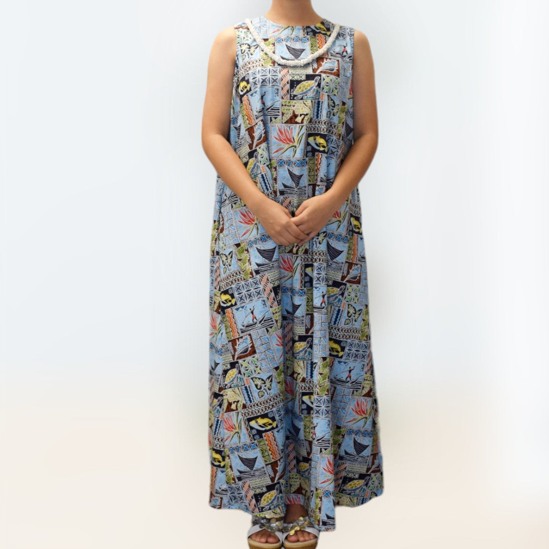 TraditionalPolynesianPrintComfortableLongResortDress-Blue