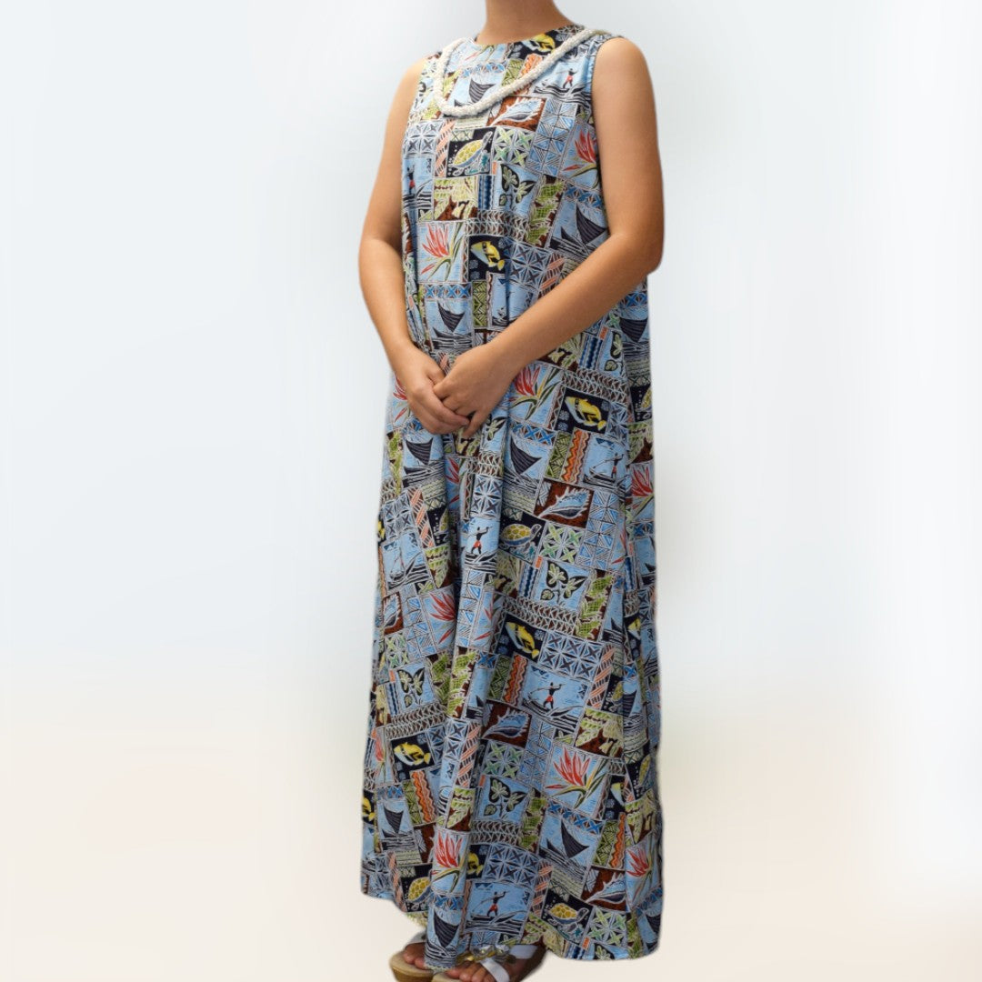 TraditionalPolynesianPrintComfortableLongResortDress-Blue