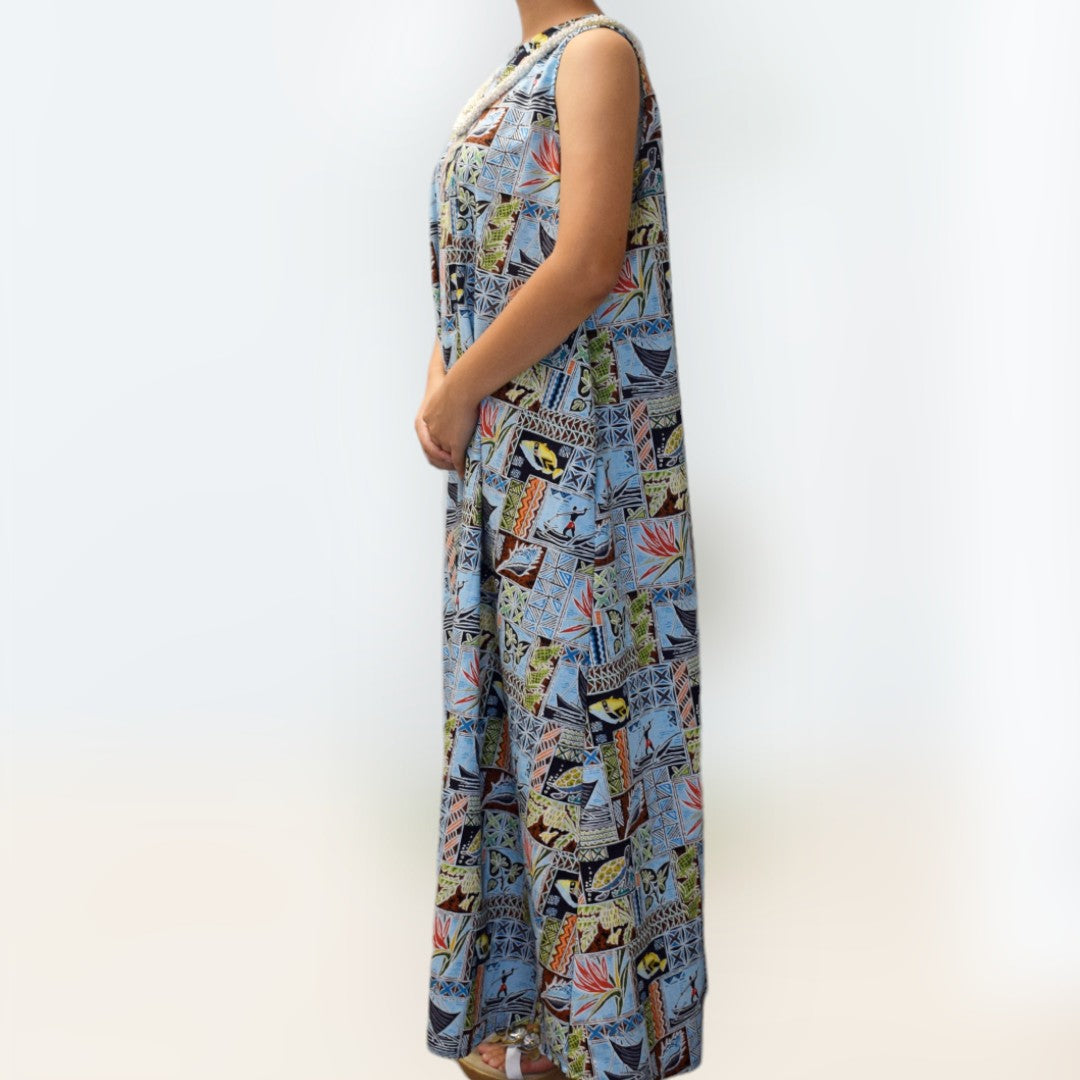 TraditionalPolynesianPrintComfortableLongResortDress-Blue