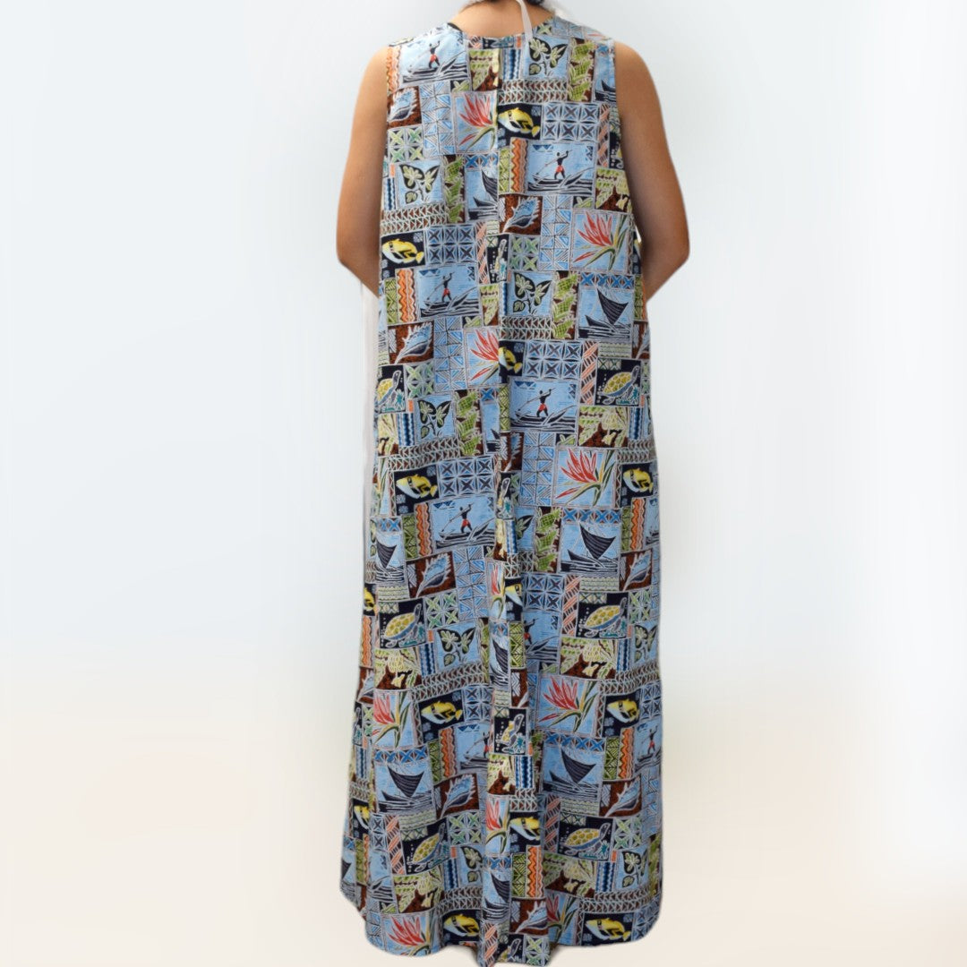 TraditionalPolynesianPrintComfortableLongResortDress-Blue