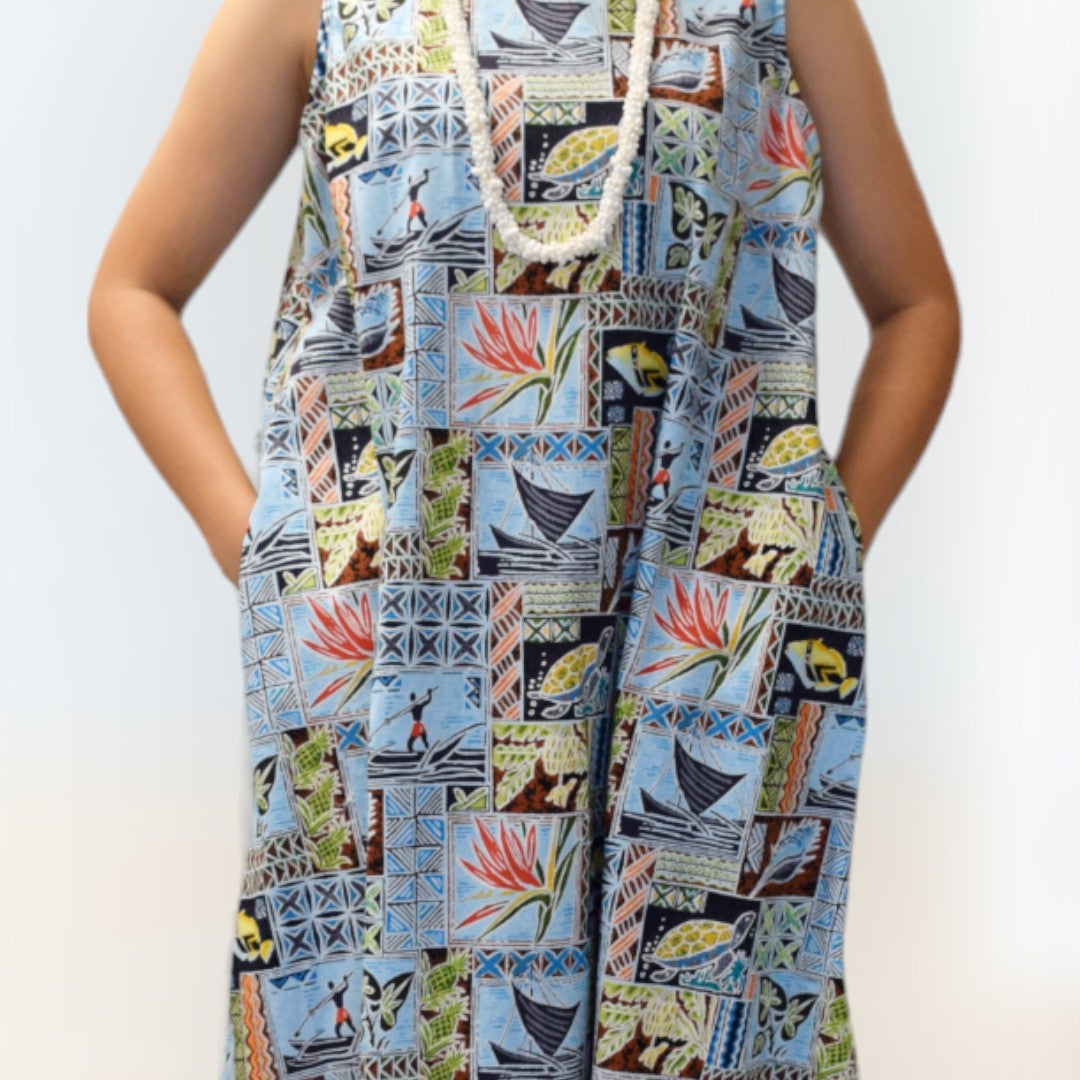 TraditionalPolynesianPrintComfortableLongResortDress-Blue