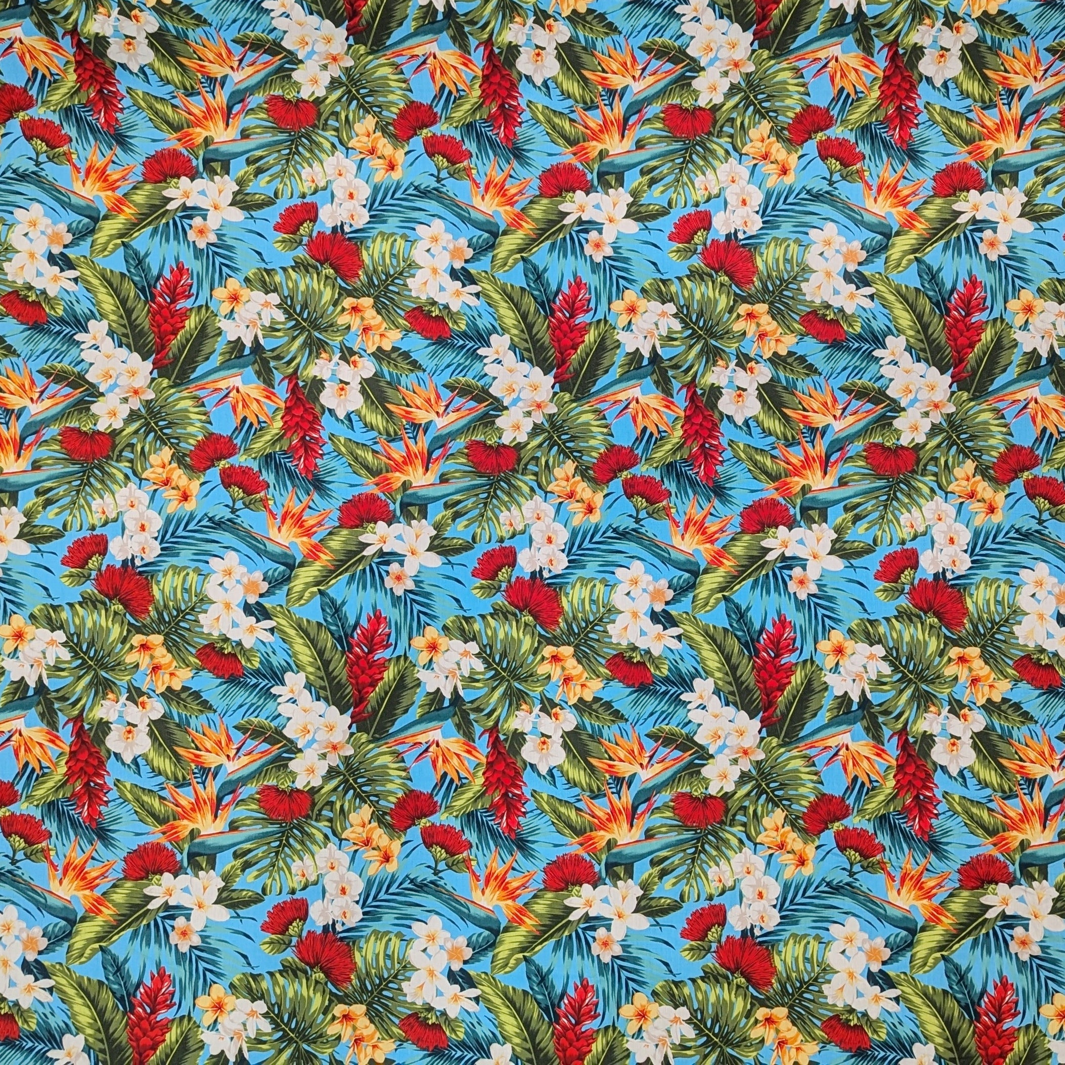 TropicalHawaiianFlowersPrintFabricLightBlue