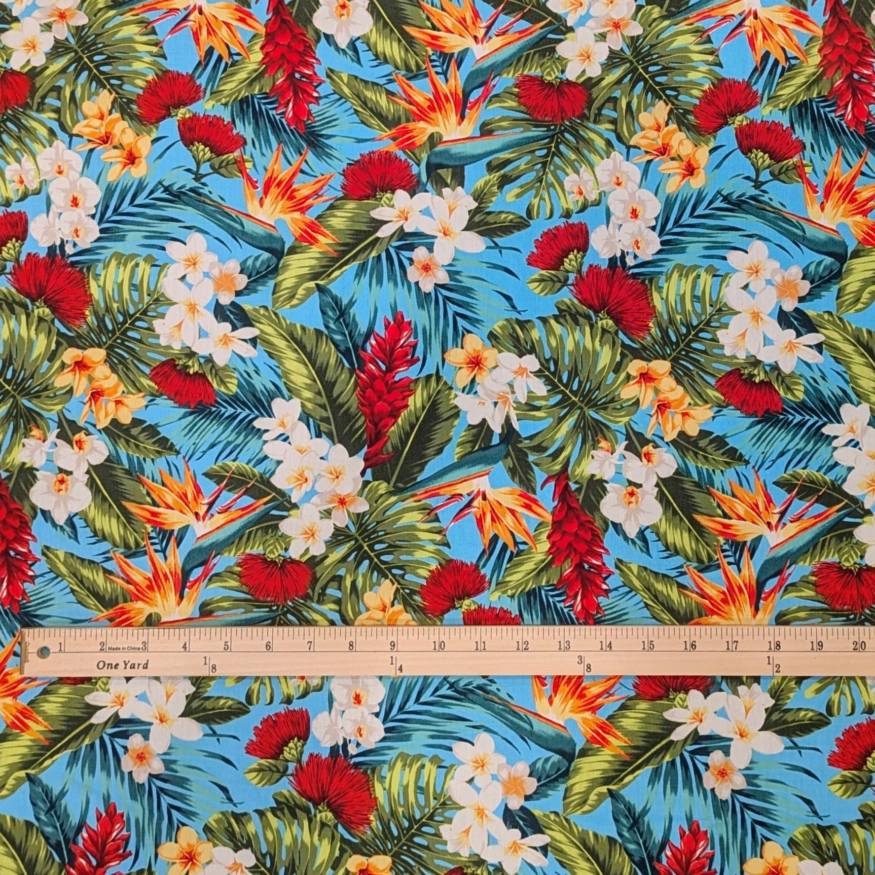 TropicalHawaiianFlowersPrintFabricLightBlue