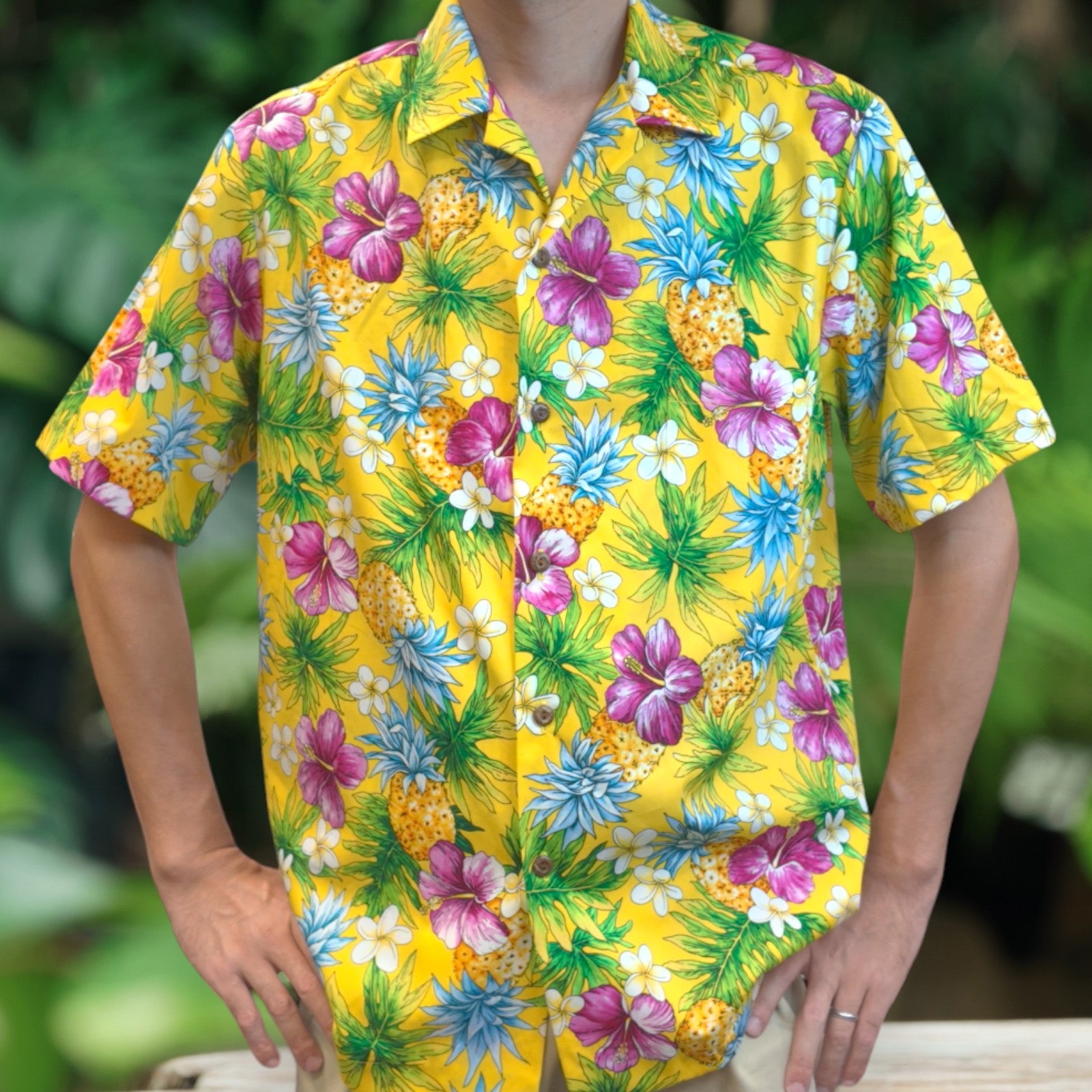 Tropical Print Aloha Shirts /  Pineapple, Plumeria, and Hibiscus - Yellow