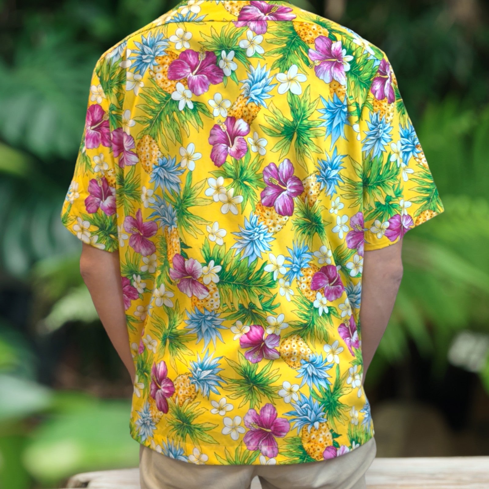 Tropical Print Aloha Shirts /  Pineapple, Plumeria, and Hibiscus - Yellow - 0