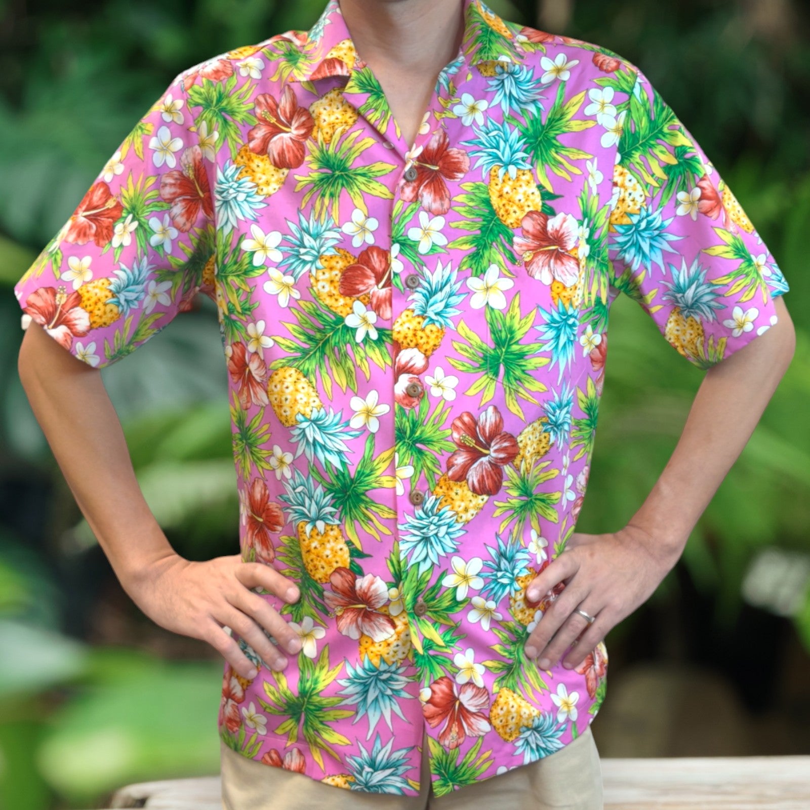 Tropical Print Aloha Shirts /  Pineapple, Plumeria, and Hibiscus - Pink