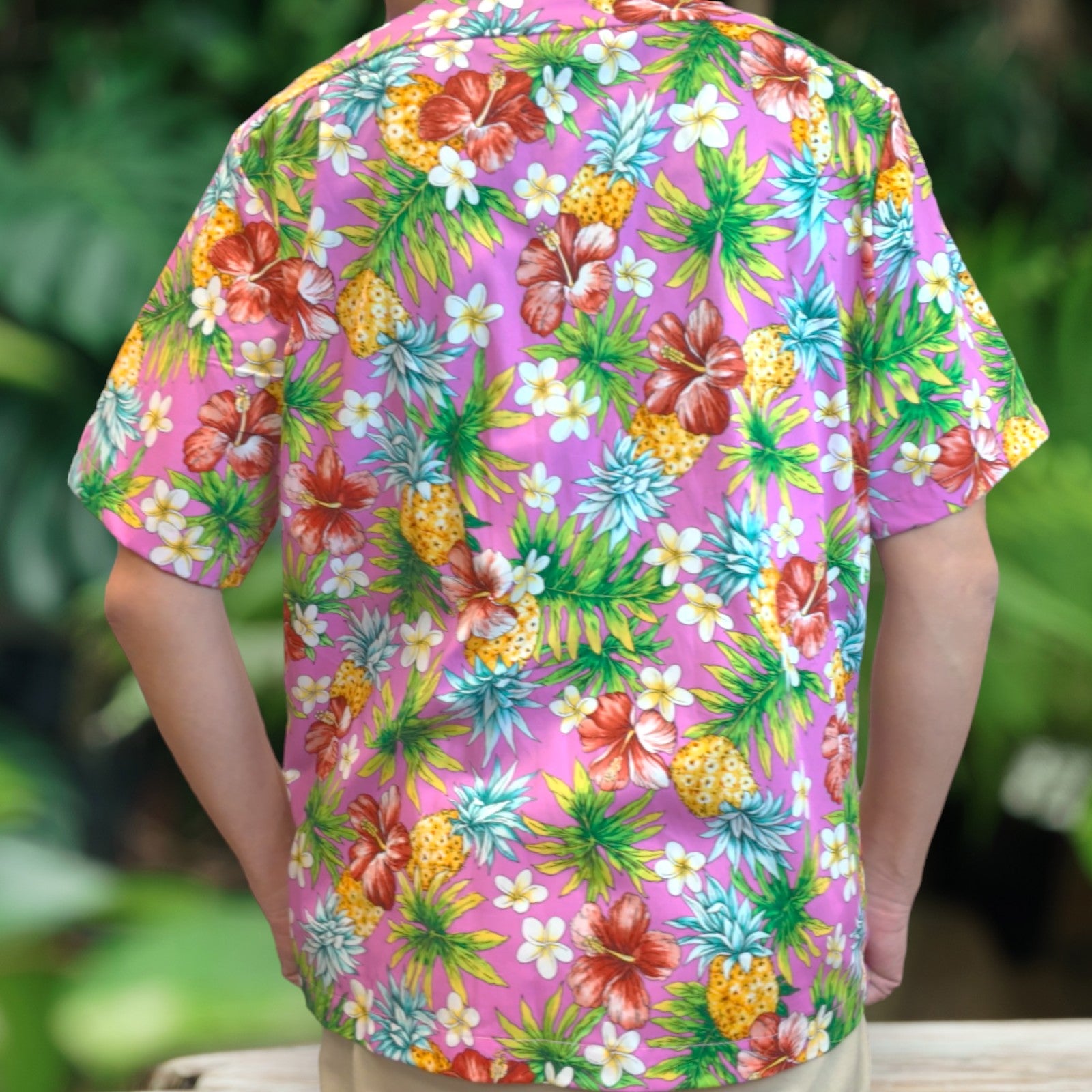 Tropical Print Aloha Shirts /  Pineapple, Plumeria, and Hibiscus - Pink - 0