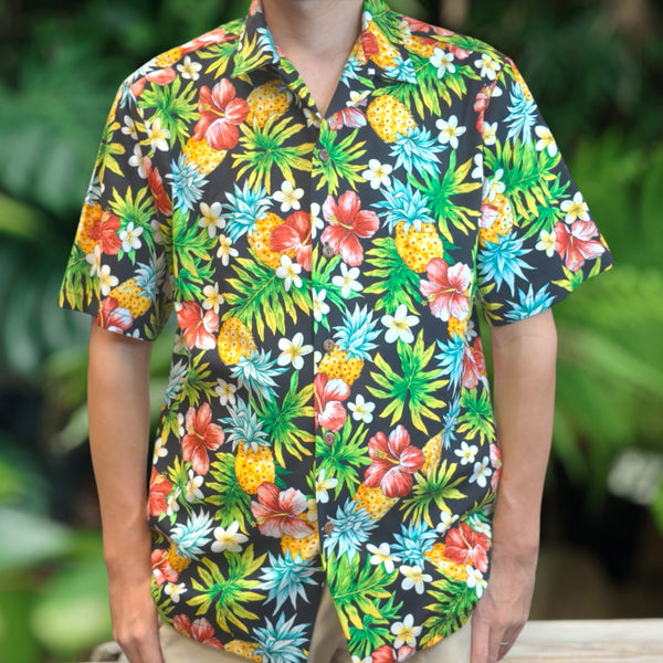 Tropical Print Hawaiian Shirts / Pineapple, Plumeria, and Hibiscus