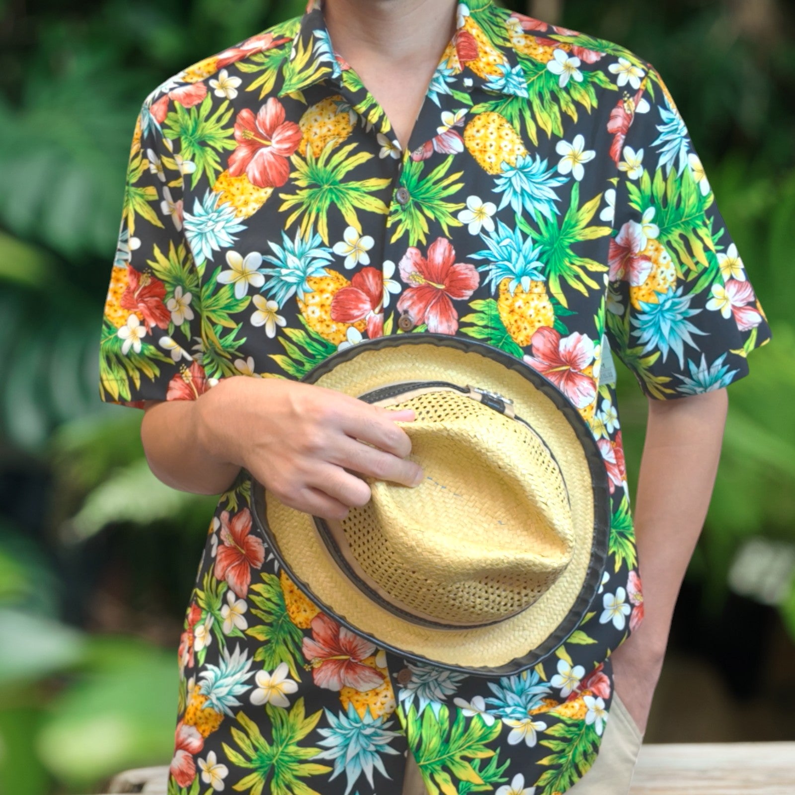 Tropical Print Hawaiian Shirts / Pineapple, Plumeria, and Hibiscus - 0