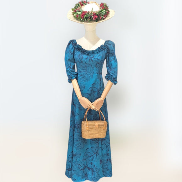 Tropical Blue Leaf Ruffle Dress