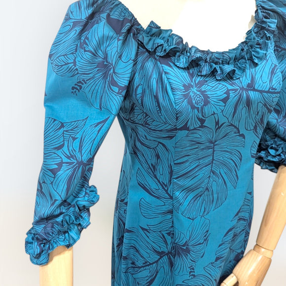 Tropical Blue Leaf Ruffle Dress