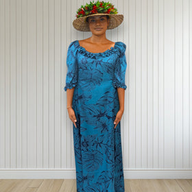 Tropical Blue Leaf Ruffle Dress