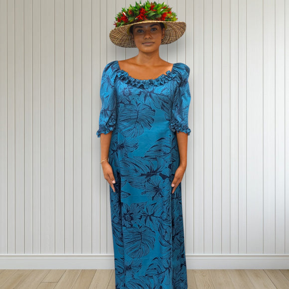 Tropical Blue Leaf Ruffle Dress