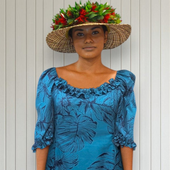 Tropical Blue Leaf Ruffle Dress